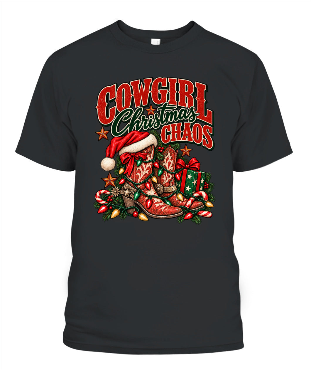 Cowgirl Christmas Chaos T-Shirt – Western Christmas Cowboy Boots Shirt