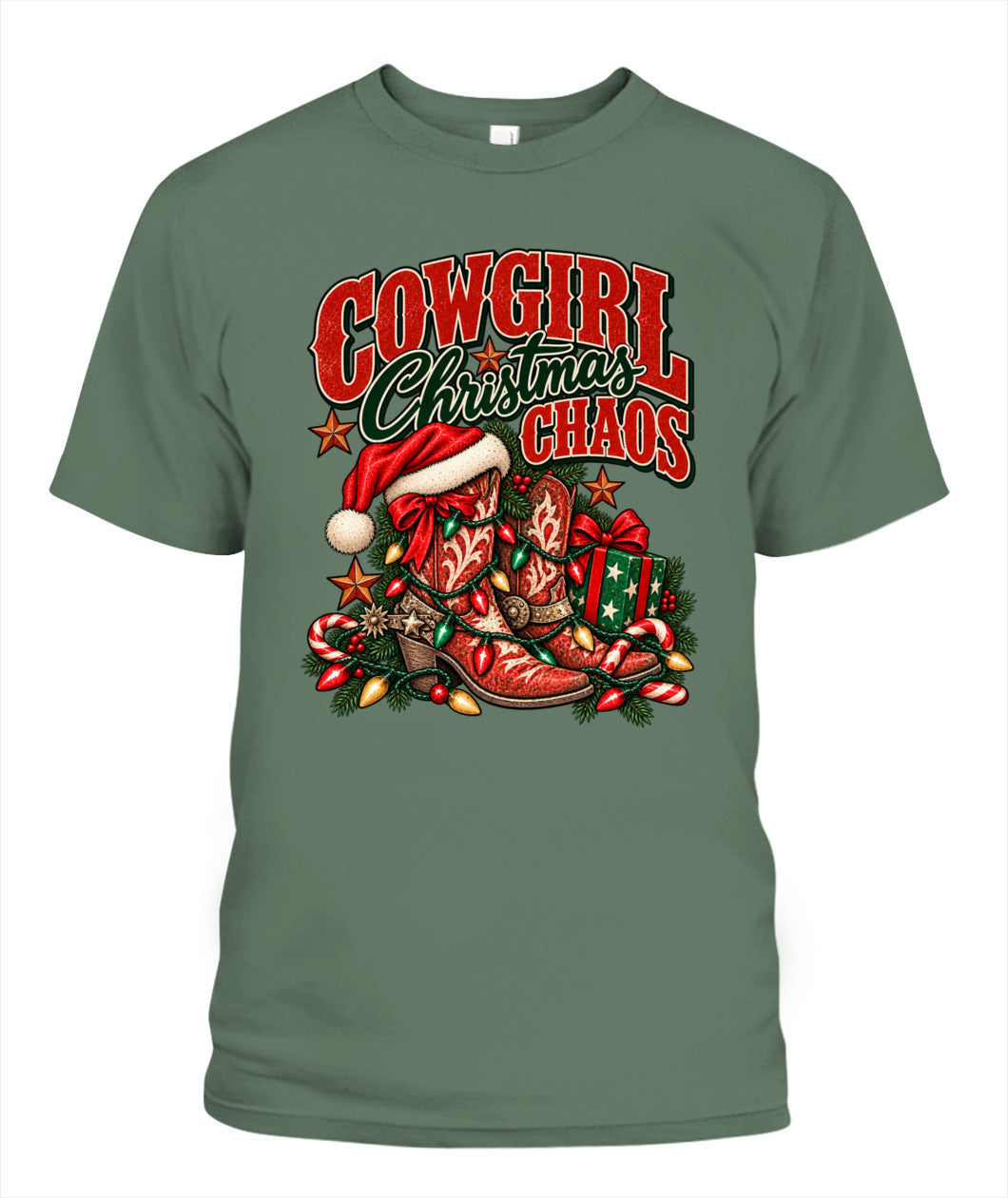 Cowgirl Christmas Chaos T-Shirt – Western Christmas Cowboy Boots Shirt