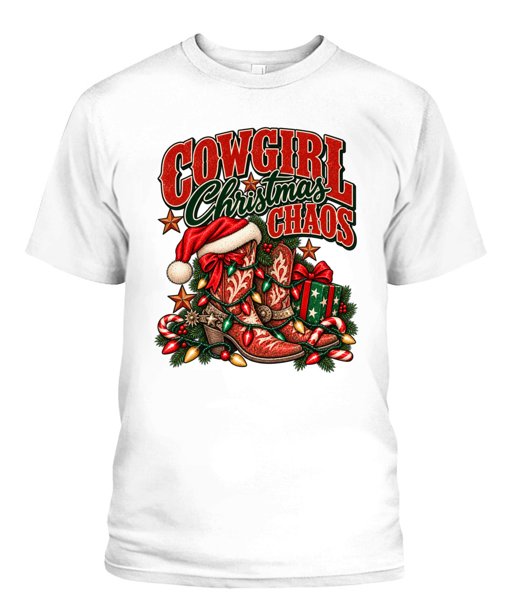Cowgirl Christmas Chaos T-Shirt – Western Christmas Cowboy Boots Shirt