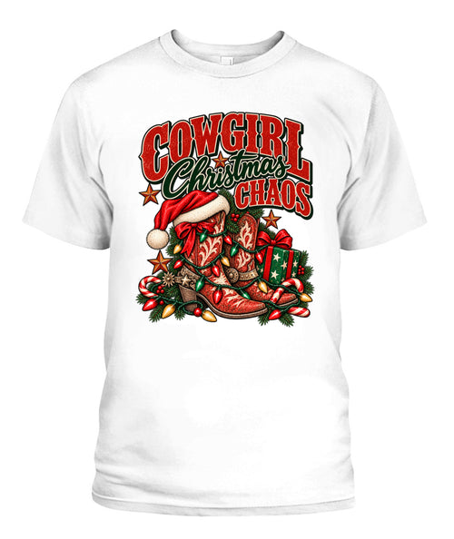 Cowgirl Christmas Chaos T-Shirt – Western Christmas Cowboy Boots Shirt